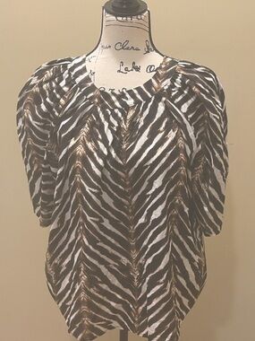 Calvin Klein Zebra Print Blouse Black White Cotton Top Women Medium Large